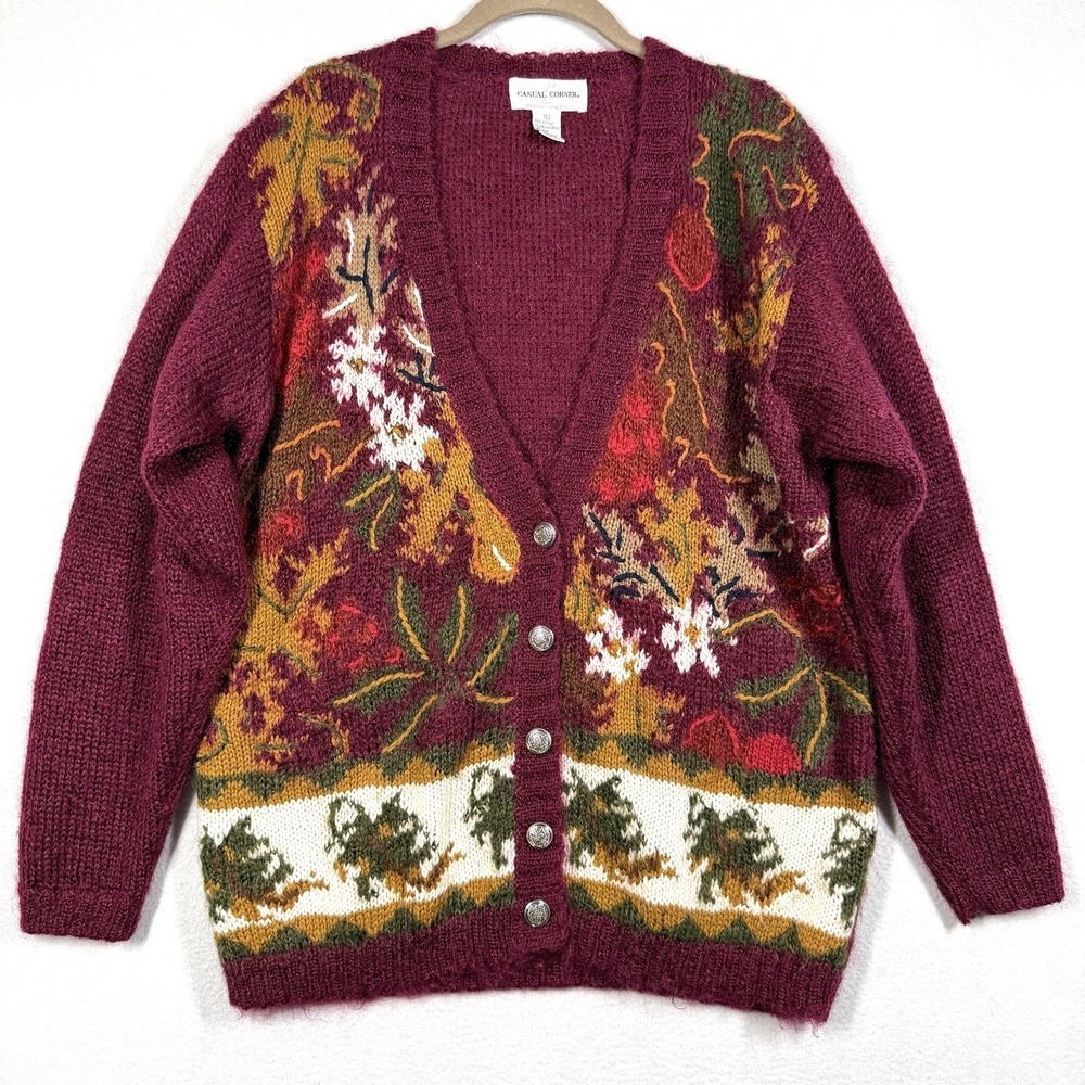 Vintage Mohair Blend Sweater Cardigan Women Large Fall Leaves Slouchy 90s V-Neck